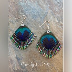 Genuine Handmade Peacock Feather Beaded Dangle Earrings By Candy Did It!